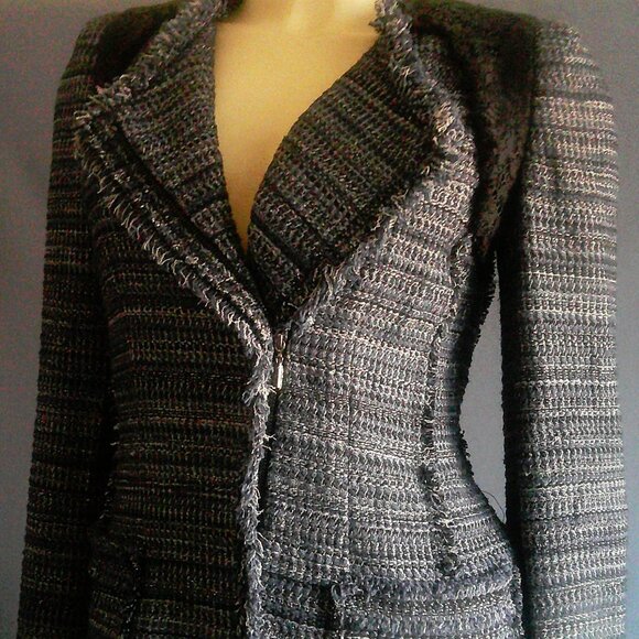 Rebecca Taylor Navy Blue Plaid Silver Lace Fringe Cotton Jacket 2 - Picture 4 of 13